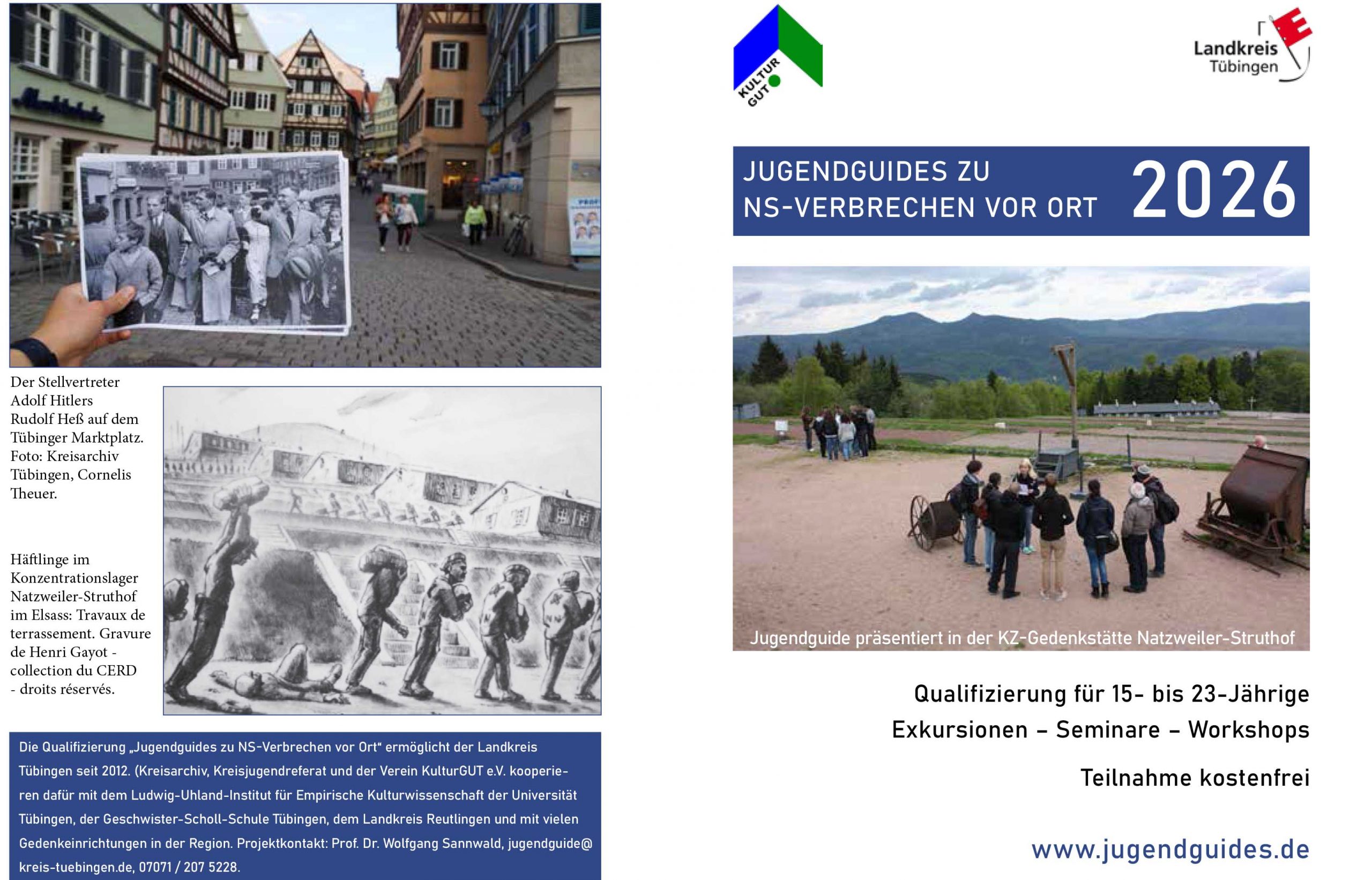 Titelseite und Rückseite eines Flyers, der für die Qualifizierung als Jugendguide wirbt. Ein Foto zeigt den ehemaligen Appellplatz des KZ Natzweiler-Struthof im Elsass, auf dem ein Jugendguide vor einer Gruppe Jugendlicher spricht.