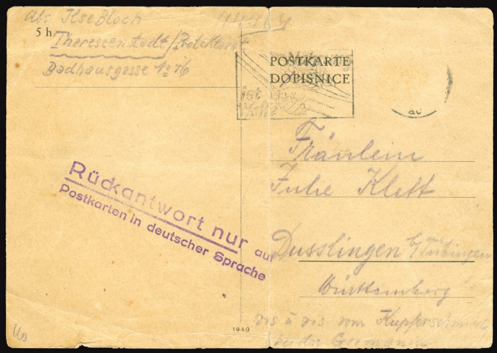 Das Bild zeigt den Umschlag der Postkarte, die Ilse Bloch 1943 nach Dußlingen versendete. Absender, Empfänger und Poststempel sind lesbar. 